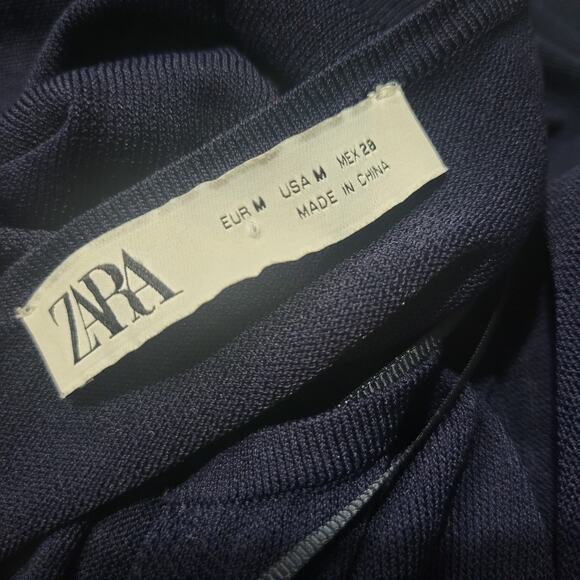 Zara Knit Maxi Dress Blue Sheer V Neck Oversized Belt Caftan Long Viscose Medium - Picture 7 of 14